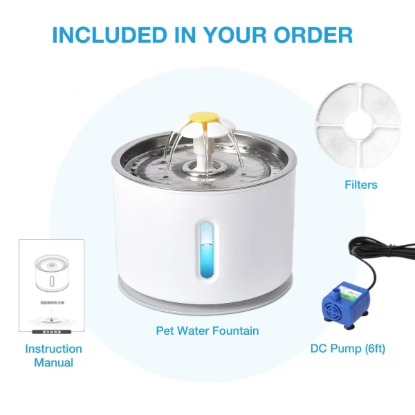 Stainless Steel Cat Water Fountain Feeder  Flower Round Fountain 2.4L Pet Cat Silent Water Dispenser DC Water Pump LED