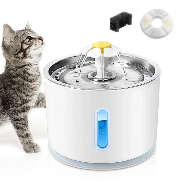 Stainless Steel Cat Water Fountain Feeder  Flower Round Fountain 2.4L Pet Cat Silent Water Dispenser DC Water Pump LED - Image 4